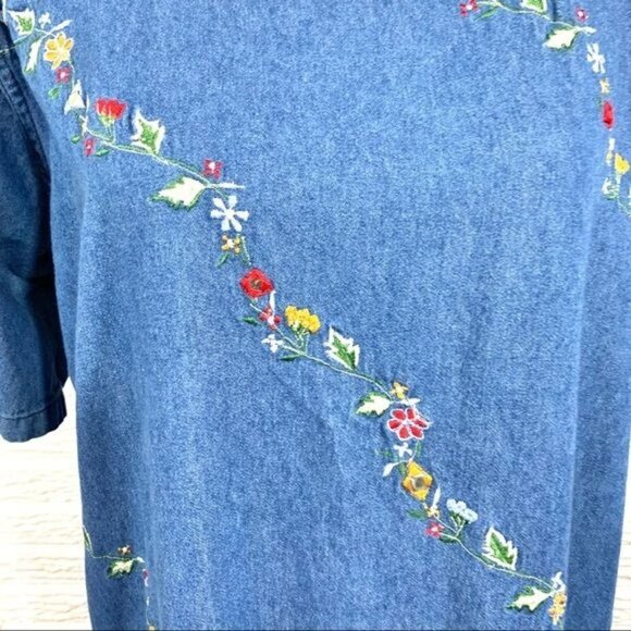 Vintage Blue Denim Maxi Dress Floral Embroidery Size Large - Picture 3 of 6